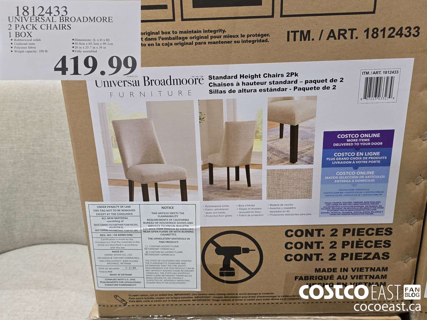 1812433 UNIVERSAL BROADMORE 2 PACK CHAIRS 1 BOX $419.99