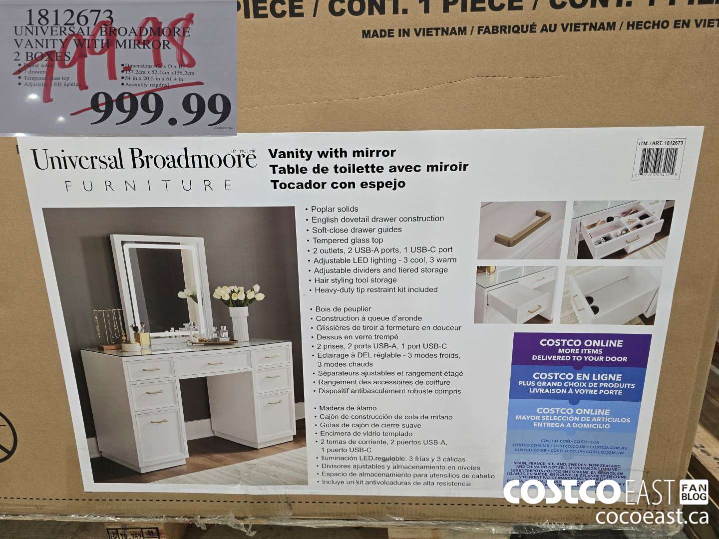 1812673 UNIVERSAL BROADMORE VANITY WITH MIRROR 2 BOXES $799.98