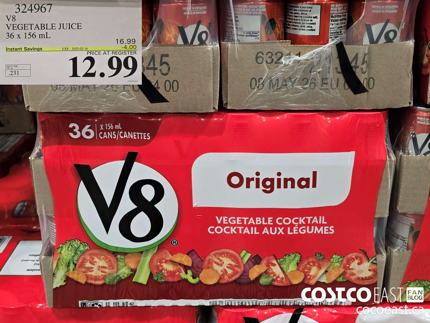 324967 V8 VEGETABLE JUICE 36 x 156 mL ($4.00 INSTANT SAVINGS EXPIRES ON 2024-02-16) $12.99