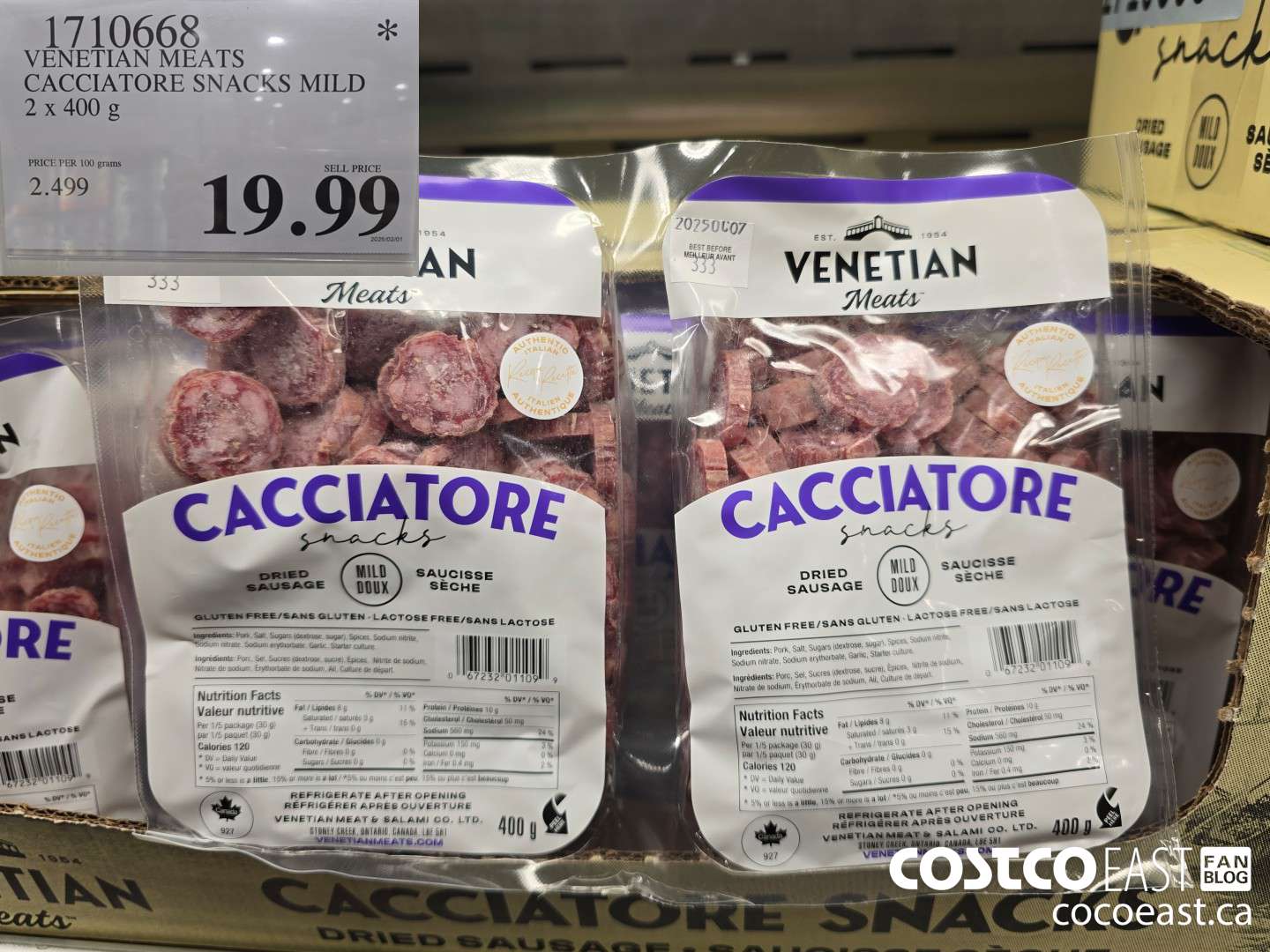 1710668 VENETIAN MEATS CACCIATORE SNACKS MILD 2 x 400 g $19.99