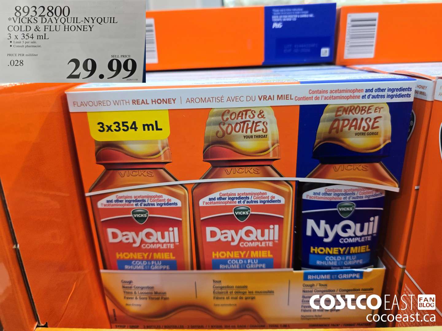 8932800 VICKS DAYQUIL-NYQUIL COLD & FLU HONEY 3 X 354 ML $29.99