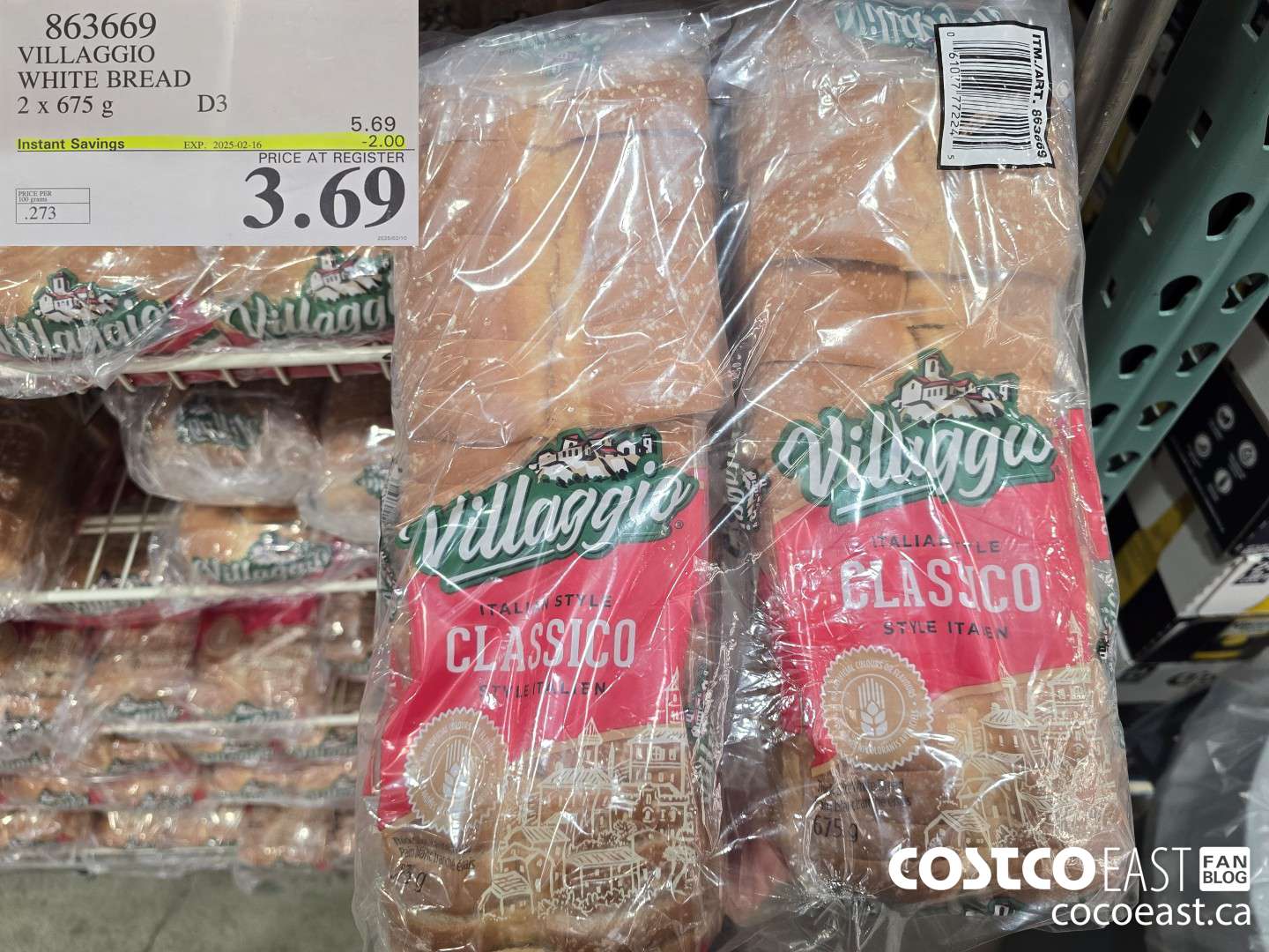 863669 VILLAGGIO WHITE BREAD 2 X 675G ($2.00 INSTANT SAVINGS EXPIRES ON 2025-02-16) $3.69