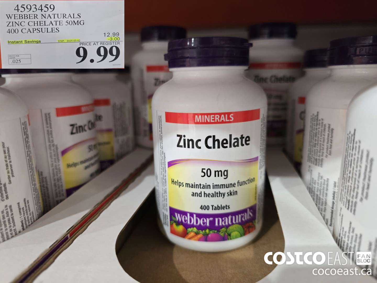4593459 WEBBER NATURALS ZINC CHELATE 50MG 400 CAPSULES ($3.00 INSTANT SAVINGS EXPIRES ON 2025-03-02) $9.99