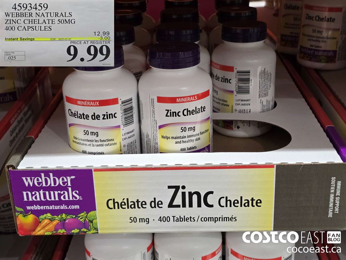 4593459 WEBBER NATURALS ZINC CHELATE 50MG 400 CAPSULES ($3.00 INSTANT SAVINGS EXPIRES ON 2025-03-02) $9.99
