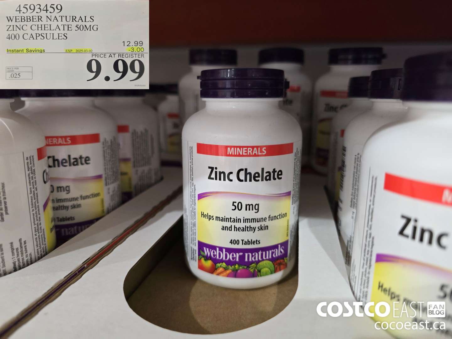 4593459 WEBBER NATURALS ZINC CHELATE 50MG 400 CAPSULES ($3.00 INSTANT SAVINGS EXPIRES ON 2025-03-02) $9.99