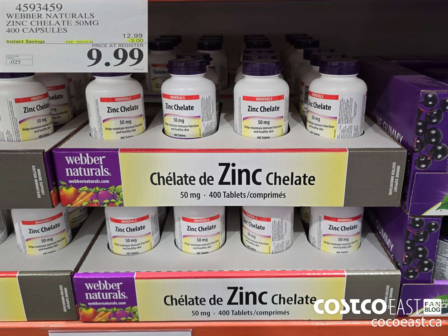 4593459 WEBBER NATURALS ZINC CHELATE 50MG 400 CAPSULES ($3.00 INSTANT SAVINGS EXPIRES ON 2025-03-02) $9.99