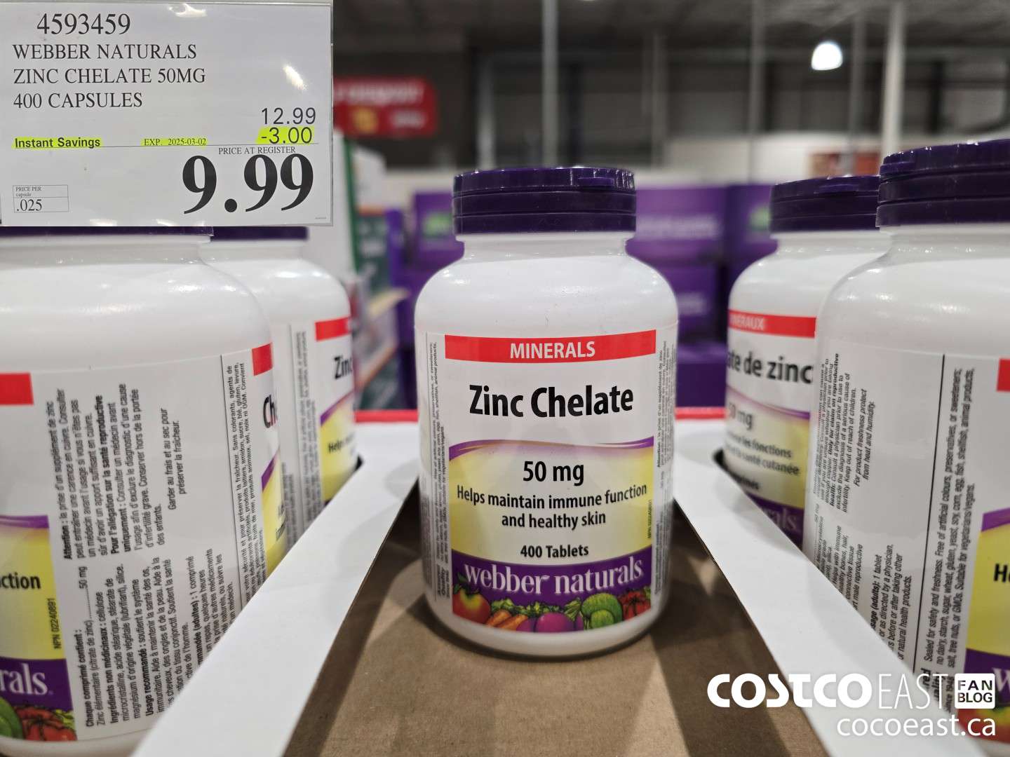4593459 WEBBER NATURALS ZINC CHELATE 50MG 400 CAPSULES ($3.00 INSTANT SAVINGS EXPIRES ON 2025-03-02) $9.99