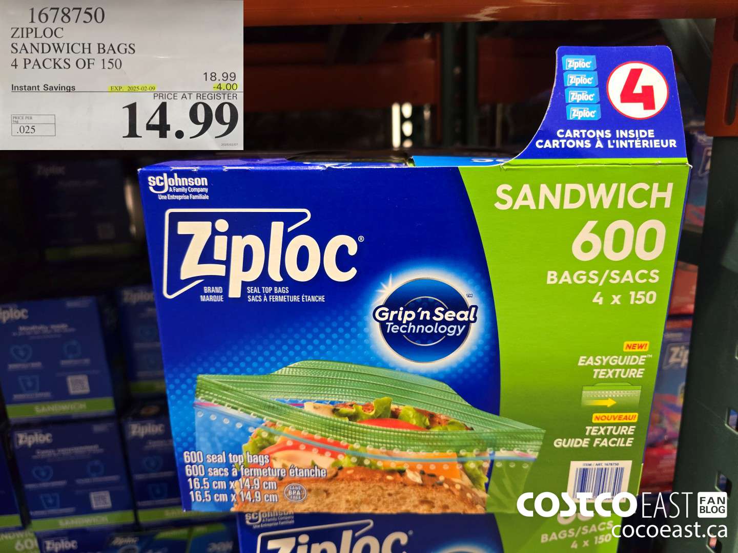 1678750 ZIPLOC SANDWICH BAGS 4 PACKS OF 150 ($4.00 INSTANT SAVINGS EXPIRES ON 2025-02-09) $14.99