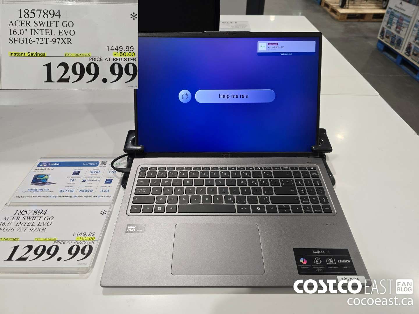 1857894 ACER SWIFT GO 16-IN INTEL EVO LAPTOP SFG16- 72T-97XR ($150.00 INSTANT SAVINGS EXPIRES ON 2025-03-09) $1299.99