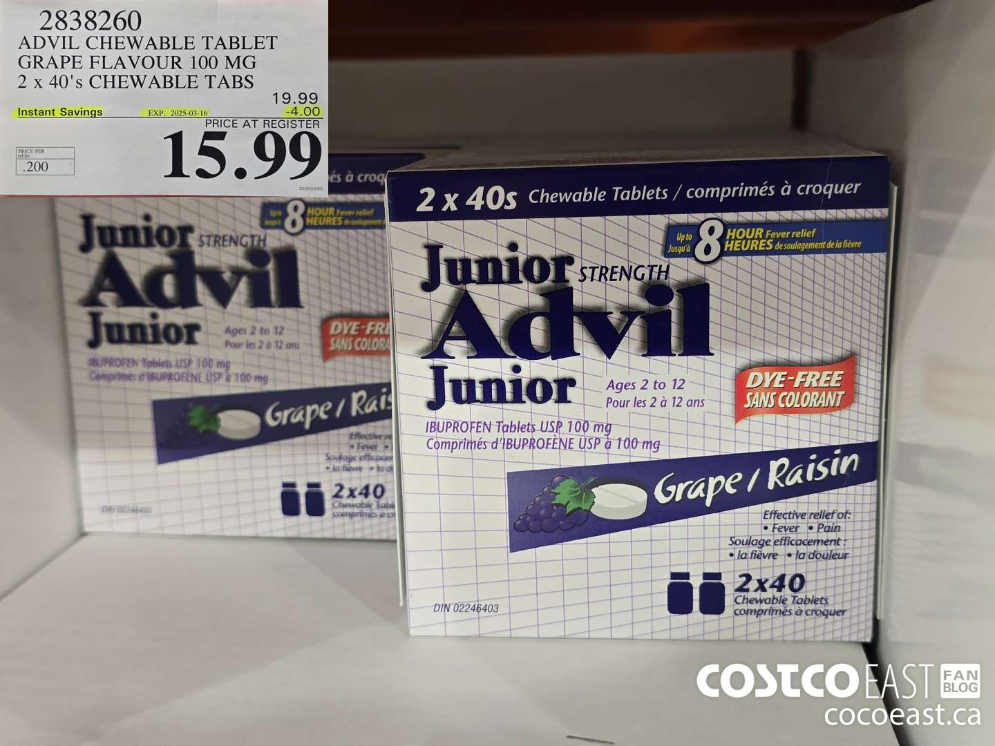 2838260 ADVIL CHEWABLE TABLET GRAPE FLAVOUR 100 MG 2 X 40'S CHEWABLE TABS ($4.00 INSTANT SAVINGS EXPIRES ON 2025-03-16) $15.99