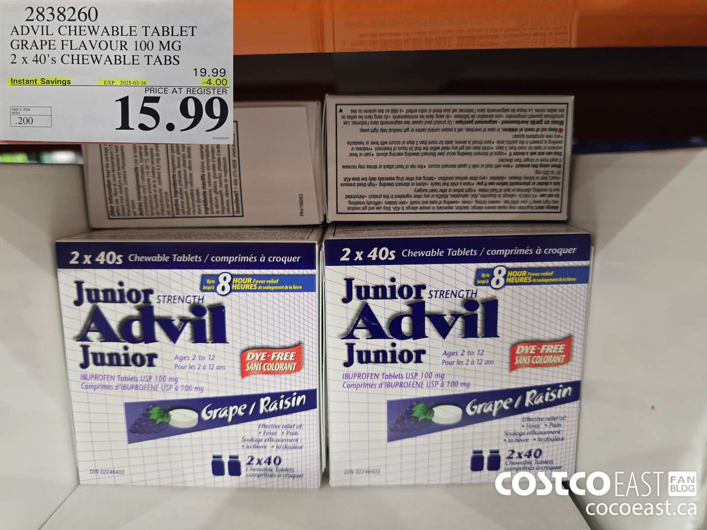 2838260 ADVIL CHEWABLE TABLET GRAPE FLAVOUR 100 MG 2 X 40'S CHEWABLE TABS ($4.00 INSTANT SAVINGS EXPIRES ON 2025-03-16) $15.99