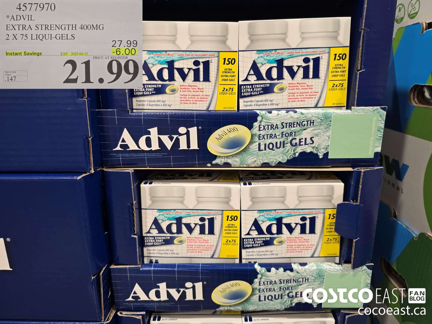 4577970 ADVIL EXTRA STRENGTH 400 MG 2 X 75 LIQUI-GELS ($6.00 INSTANT SAVINGS EXPIRES ON 2025-04-13) $21.99