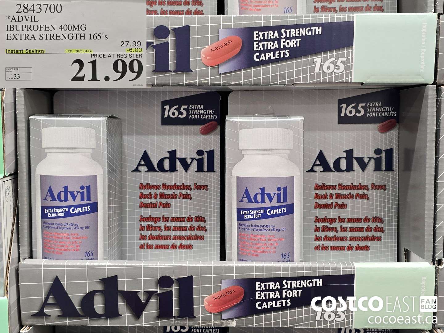 2843700 ADVIL IBUPROFEN 400MG EXTRA STRENGTH 165's ($6.00 INSTANT SAVINGS EXPIRES ON 2025-04-06) $21.99