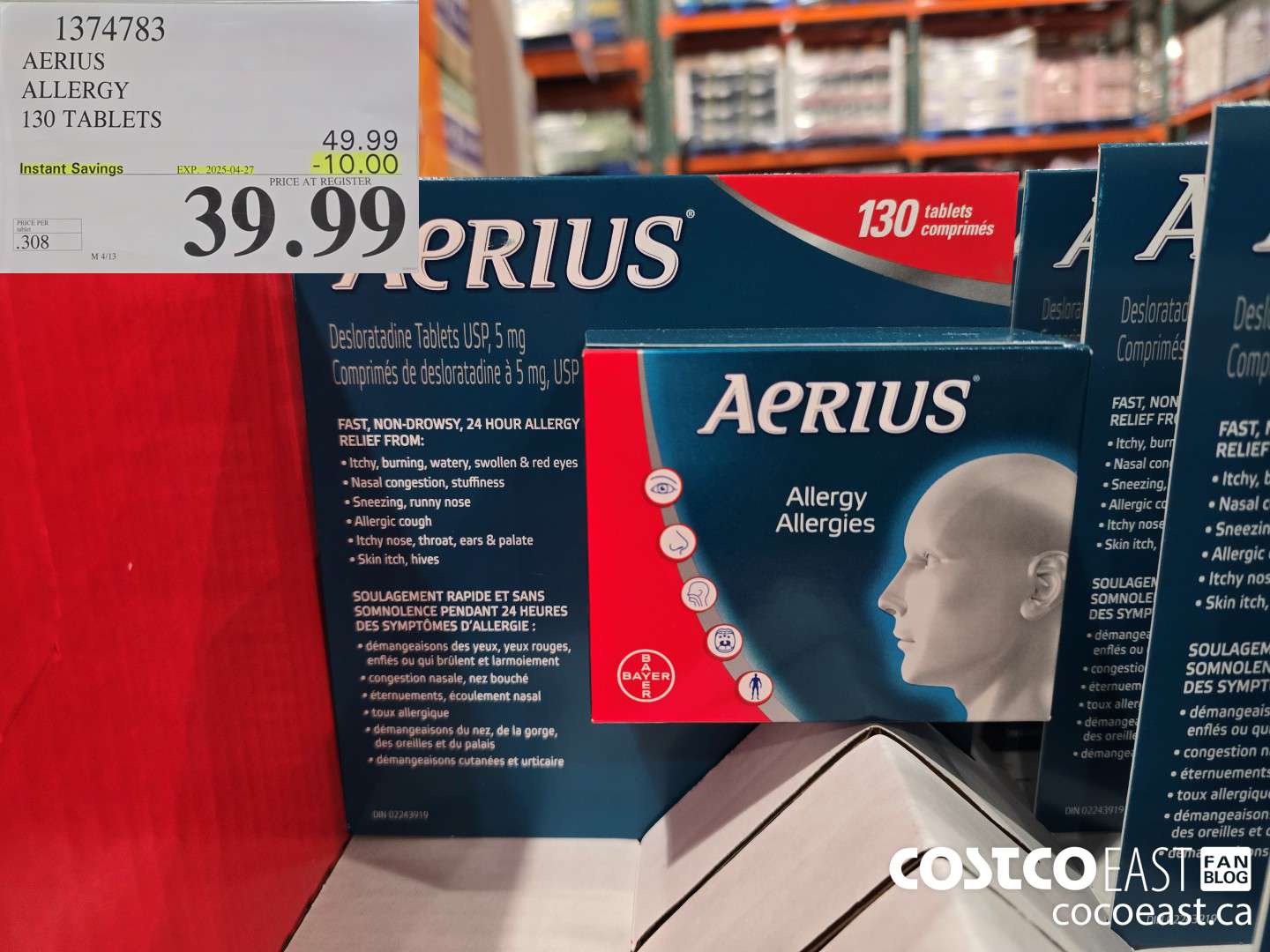 1374783 AERIUS ALLERGY 130 TABLETS ($10.00 INSTANT SAVINGS EXPIRES ON 2025-04-27) $39.99