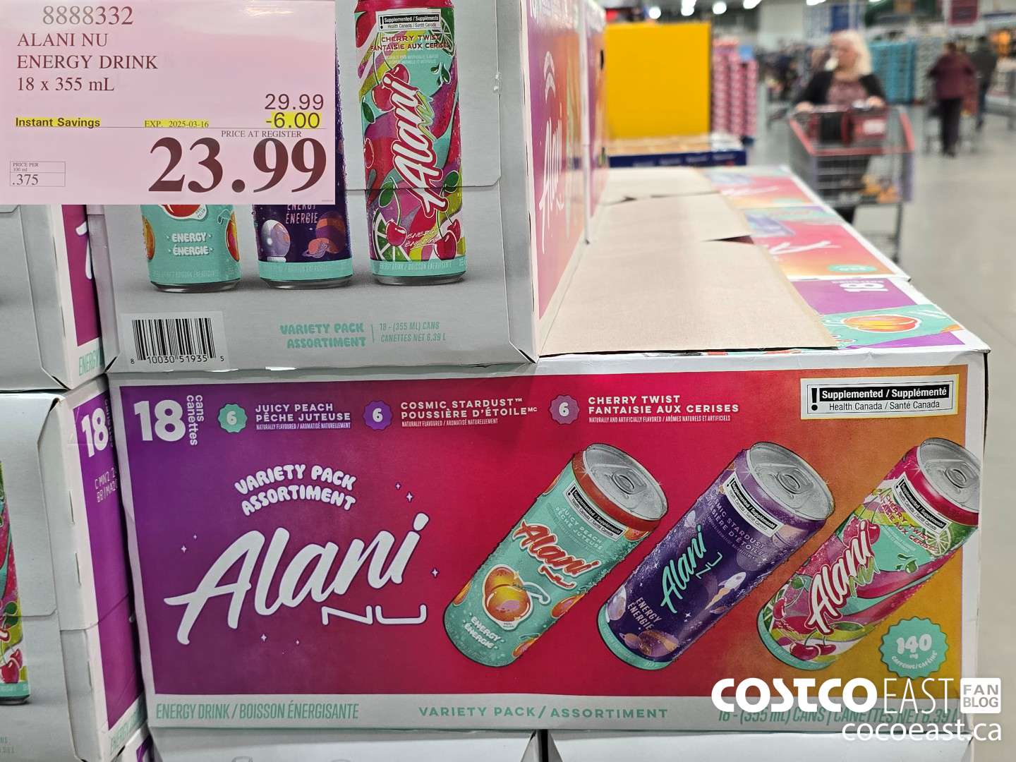 8888332 ALANI NU ENERGY DRINK 18 x 355 mL ($6.00 INSTANT SAVINGS EXPIRES ON 2025-03-16) $23.99