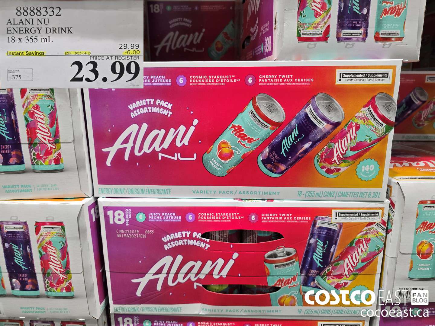 8888332 ALANI NU ENERGY DRINK 18 x 355 mL ($6.00 INSTANT SAVINGS EXPIRES ON 2025-04-13) $23.99