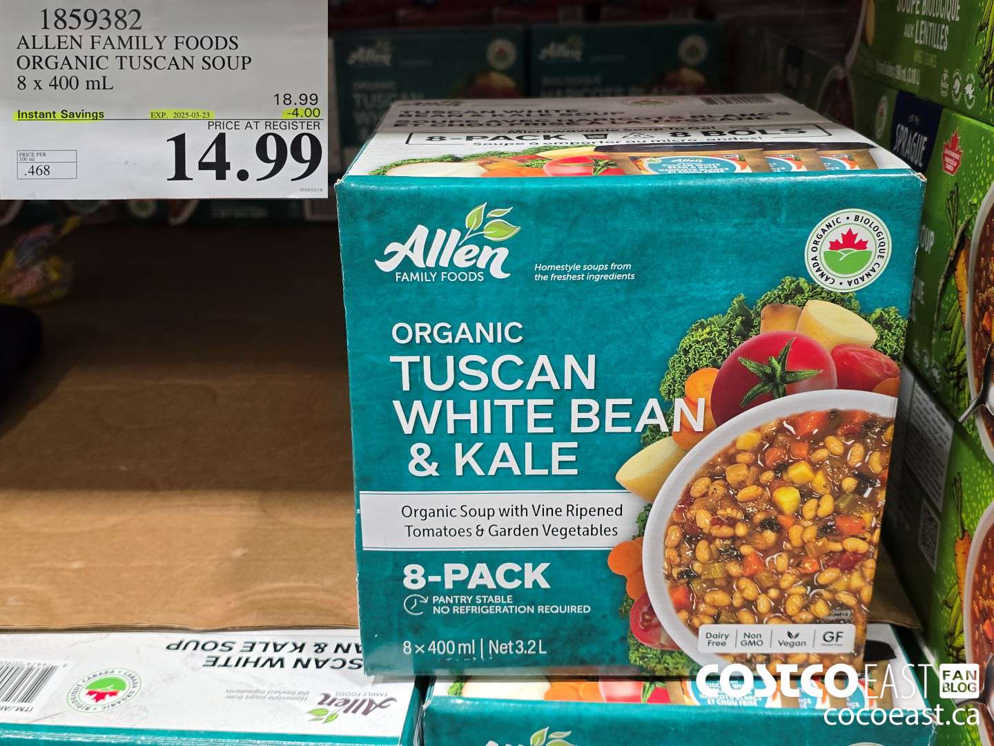 1859382 ALLEN FAMILY FOODS ORGANIC TUSCAN SOUP 8 x 400 mL ($4.00 INSTANT SAVINGS EXPIRES ON 2025-03-23) $14.99