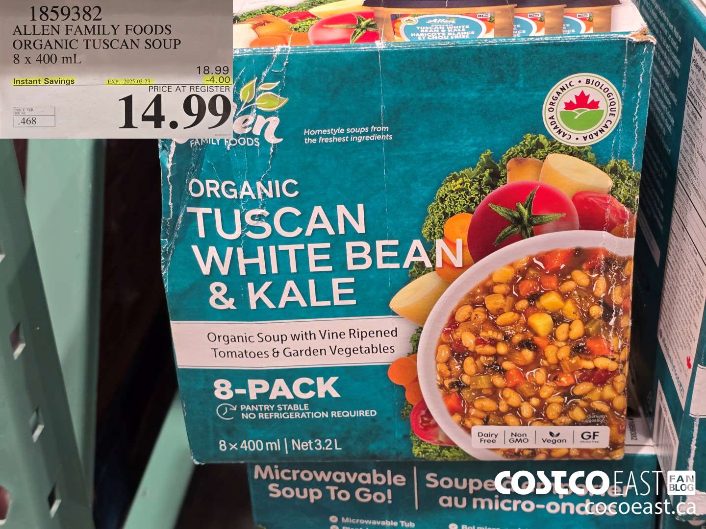 1859382 ALLEN FAMILY FOODS ORGANIC TUSCAN SOUP 8 x 400 mL ($4.00 INSTANT SAVINGS EXPIRES ON 2025-03-23) $14.99