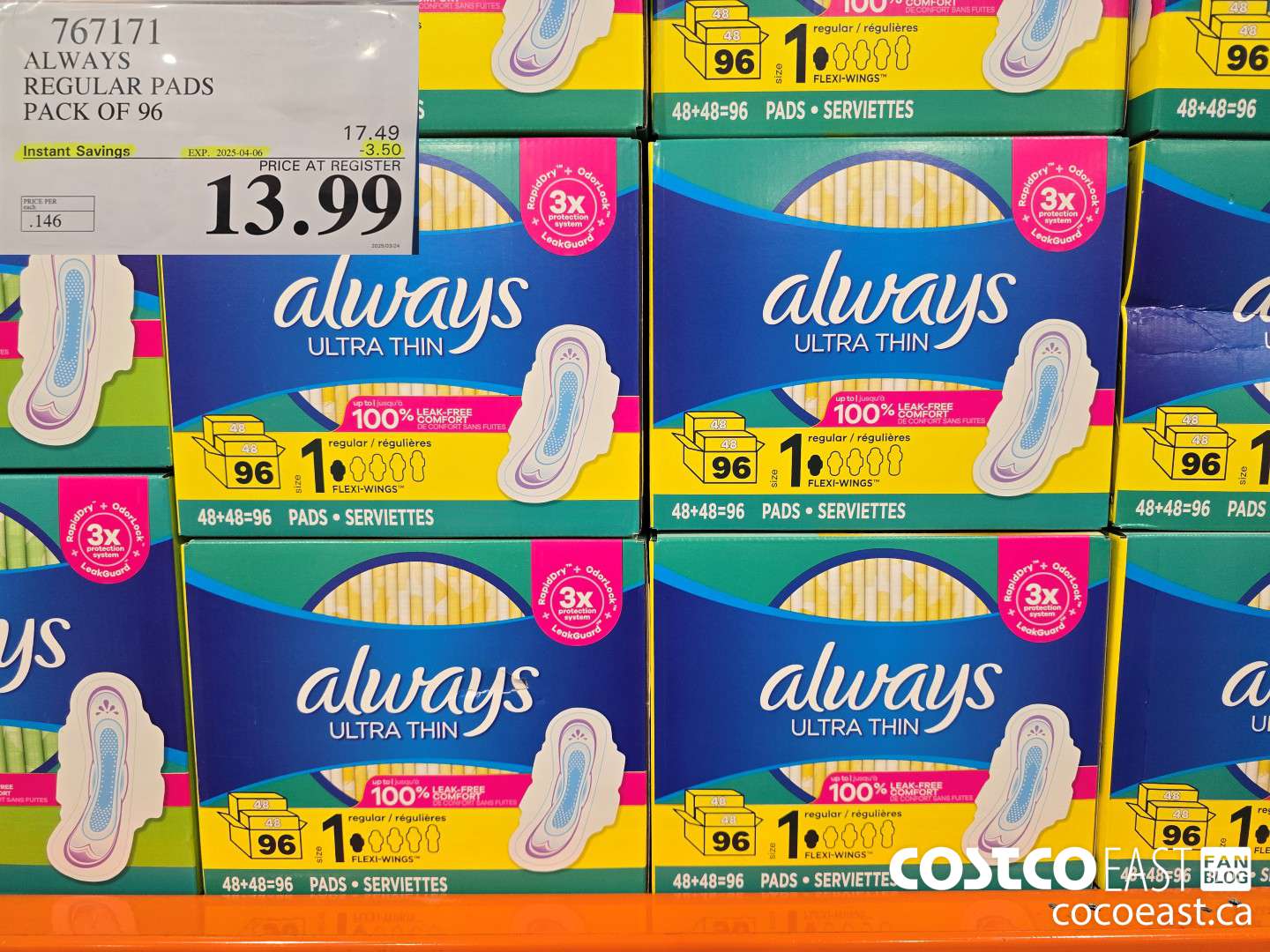 767171 ALWAYS REGULAR PADS PACK OF 96 ($3.50 INSTANT SAVINGS EXPIRES ON 2025-04-06) $13.99