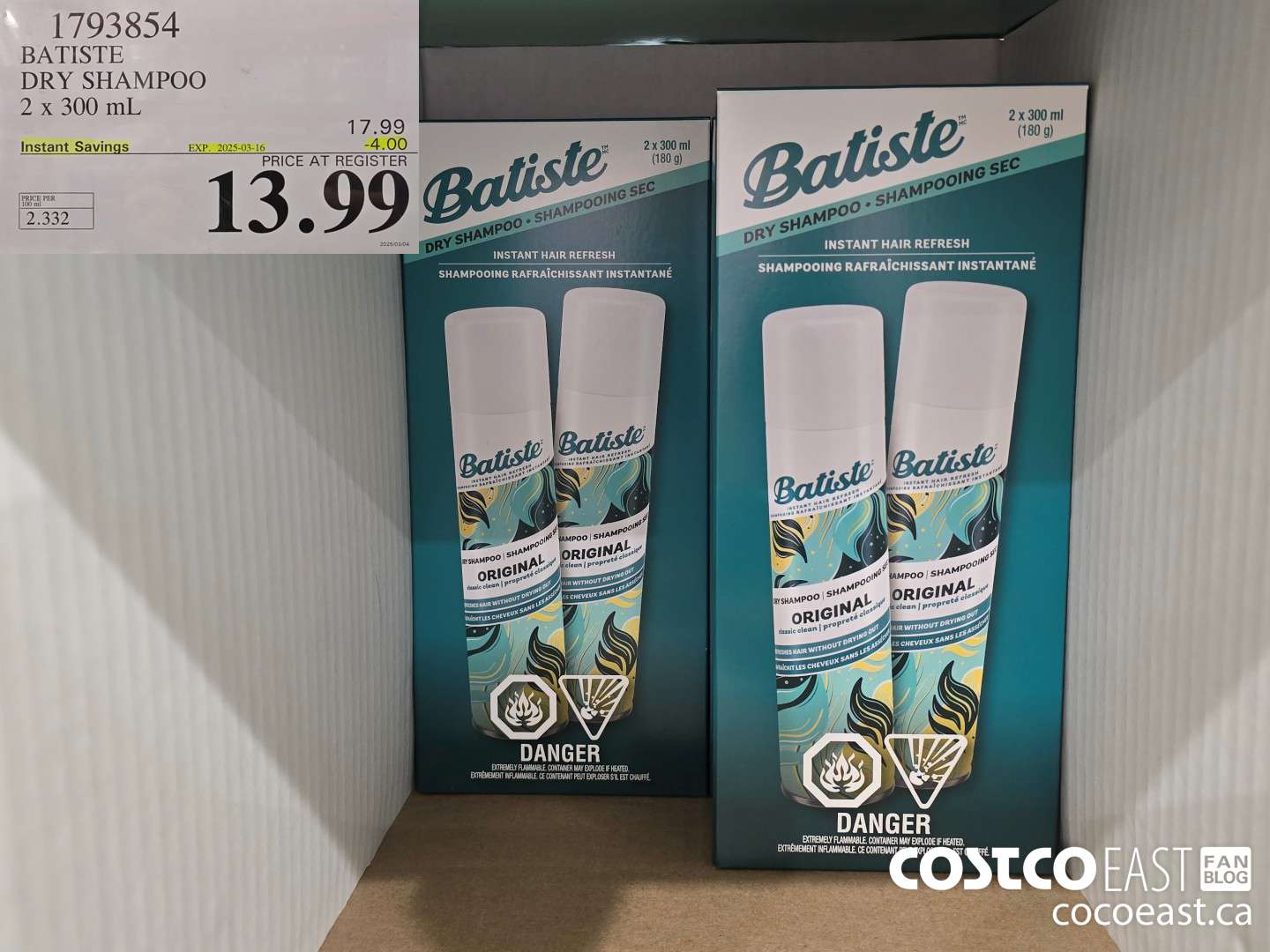 1793854 BATISTE DRY SHAMPOO 2 x 300 mL ($4.00 INSTANT SAVINGS EXPIRES ON 2025-03-16) $13.99