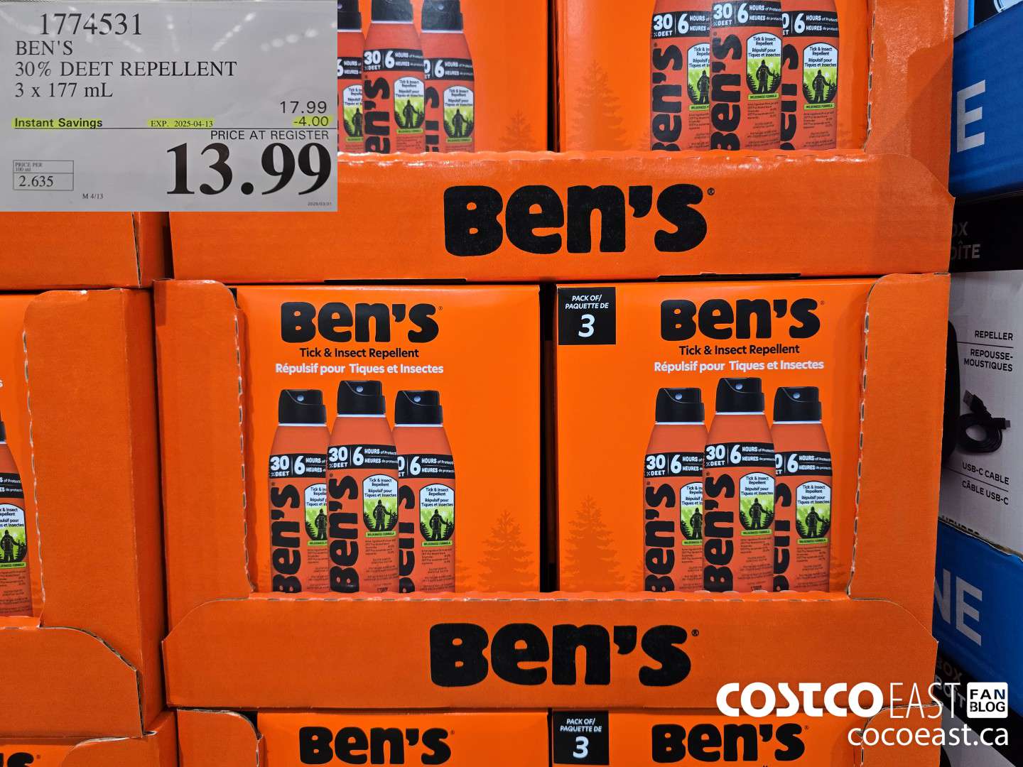 1774531 BEN'S 30% DEET REPELLENT 3 X 177 ML ($4.00 INSTANT SAVINGS EXPIRES ON 2025-04-13) $13.99