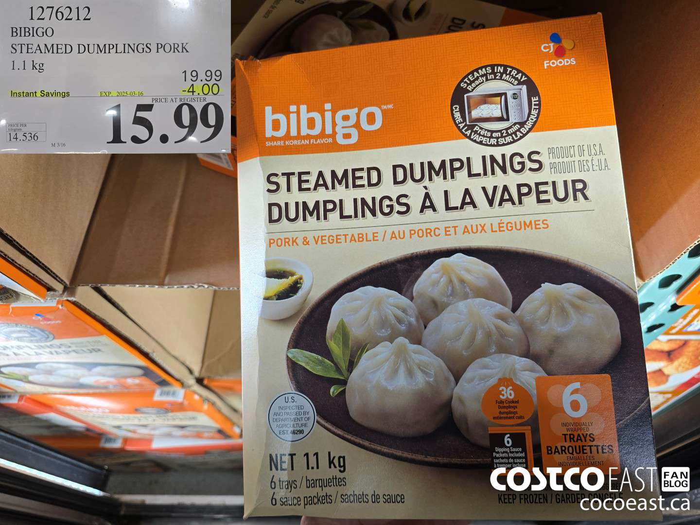 1276212 BIBIGO STEAMED DUMPLINGS PORK 1.1 KG ($4.00 INSTANT SAVINGS EXPIRES ON 2025-03-16) $15.99