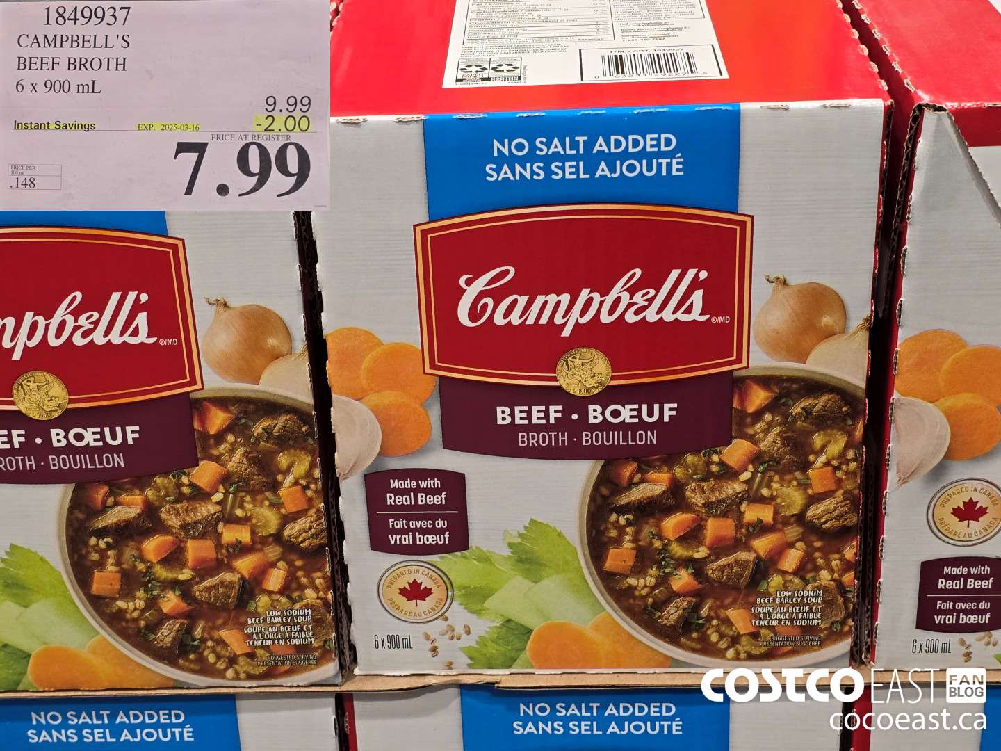 1849937 CAMPBELL'S BEEF BROTH 6 x 900 mL ($2.00 INSTANT SAVINGS EXPIRES ON 2025-03-16) $7.99