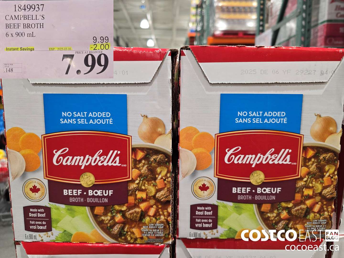 1849937 CAMPBELL'S BEEF BROTH 6 x 900 mL ($2.00 INSTANT SAVINGS EXPIRES ON 2025-03-16) $7.99