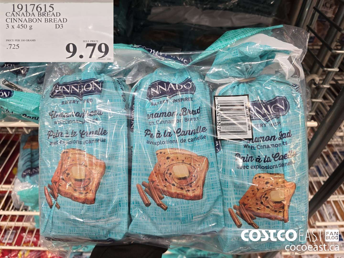 1917615 CANADA BREAD CINNABON BREAD 3 x 450 g D3  $9.79