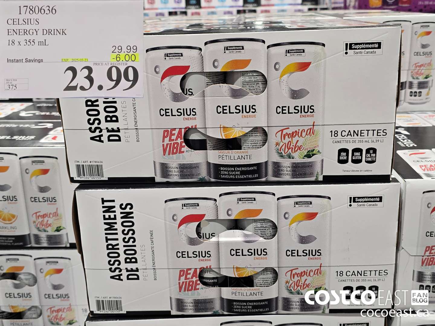 1780636 CELSIUS ENERGY DRINK 18 X 355 ML ($6.00 INSTANT SAVINGS EXPIRES ON 2025-03-23) $23.99