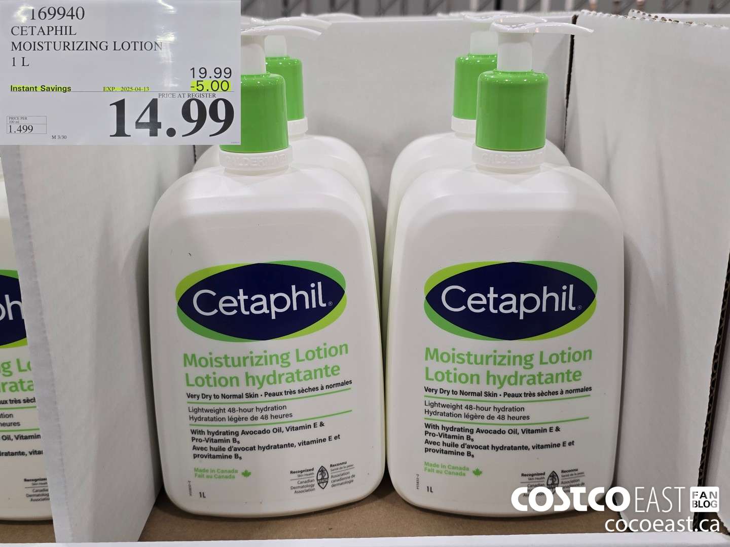 169940 CETAPHIL MOISTURIZING LOTION 1 L ($5.00 INSTANT SAVINGS EXPIRES ON 2025-04-13) $14.99