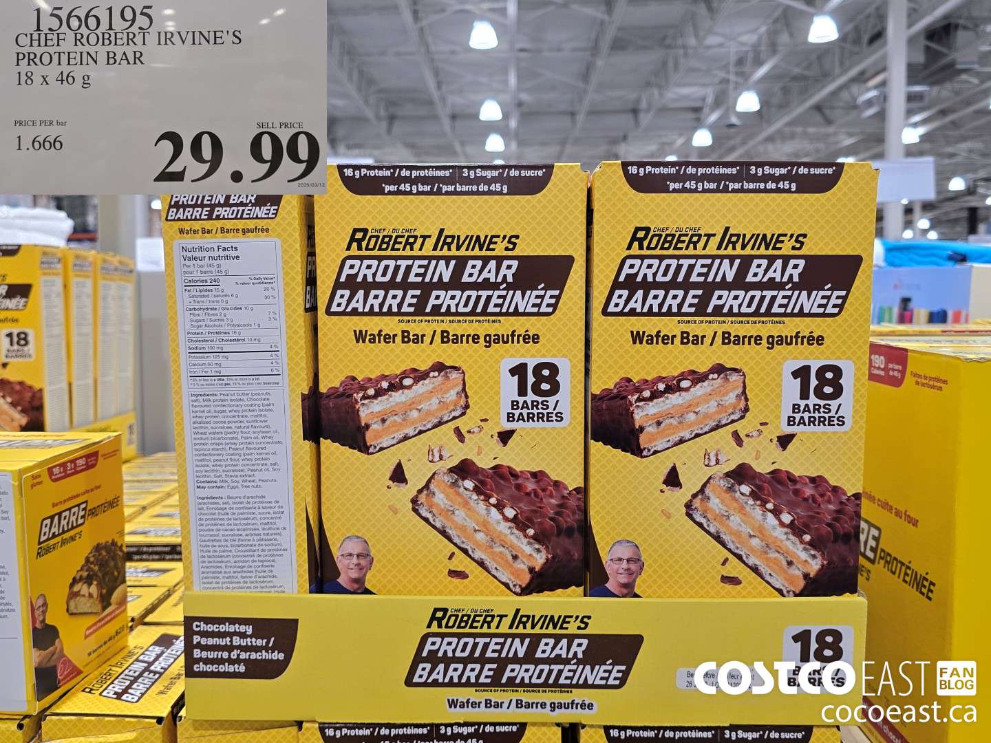 1566195 CHEF ROBERT IRVINE'S PROTEIN BAR 18 x 46 g $29.99