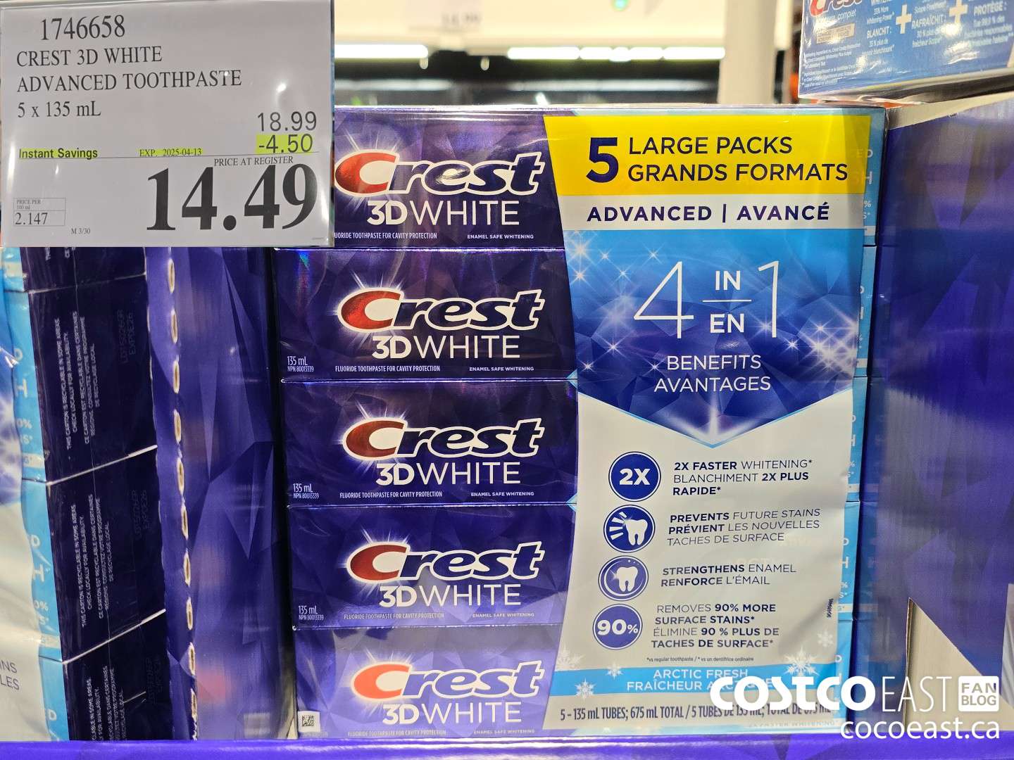 1746658 CREST 3D WHITE ADVANCED TOOTHPASTE 5 X 135 ML ($4.50 INSTANT SAVINGS EXPIRES ON 2025-04-13) $14.49