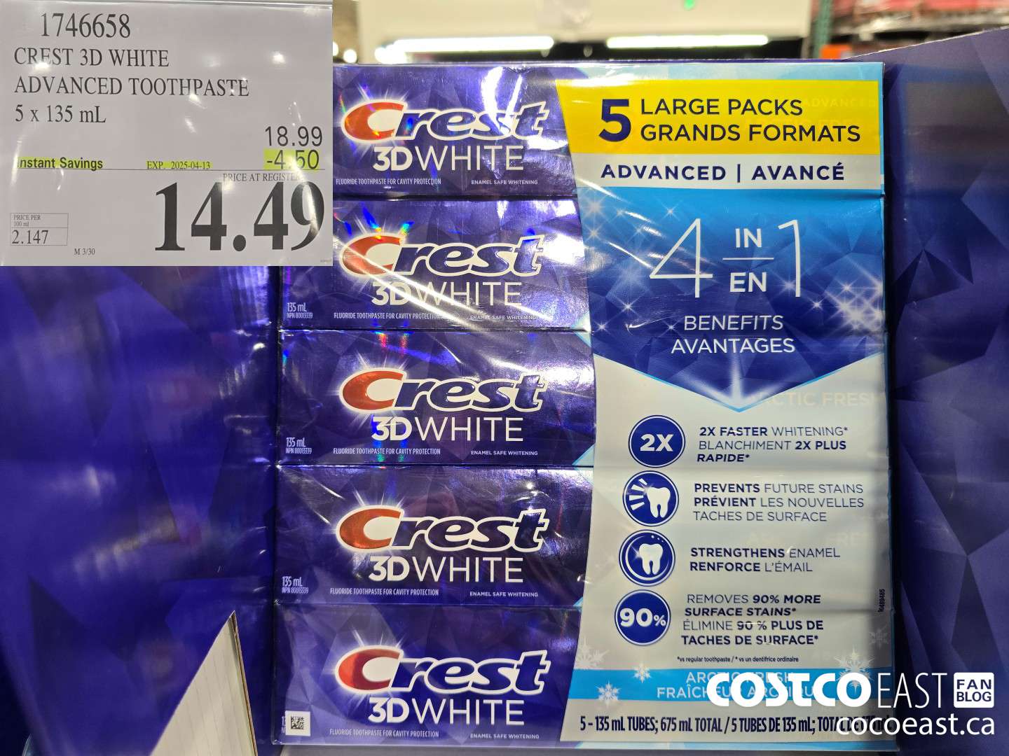 1746658 CREST 3D WHITE ADVANCED TOOTHPASTE 5 X 135 ML ($4.50 INSTANT SAVINGS EXPIRES ON 2025-04-13) $14.49