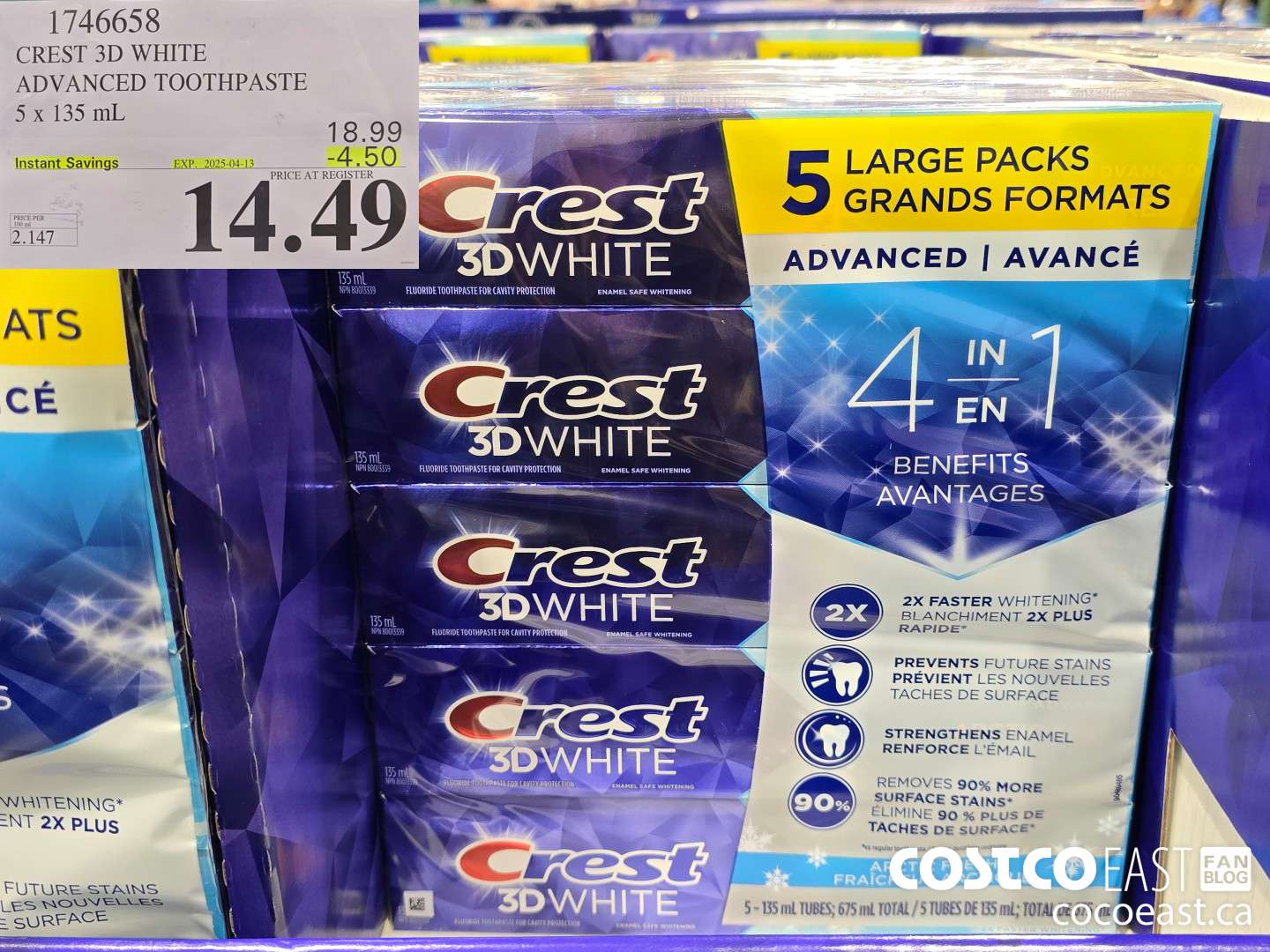 1746658 CREST 3D WHITE ADVANCED TOOTHPASTE 5 X 135 ML ($4.50 INSTANT SAVINGS EXPIRES ON 2025-04-13) $14.49