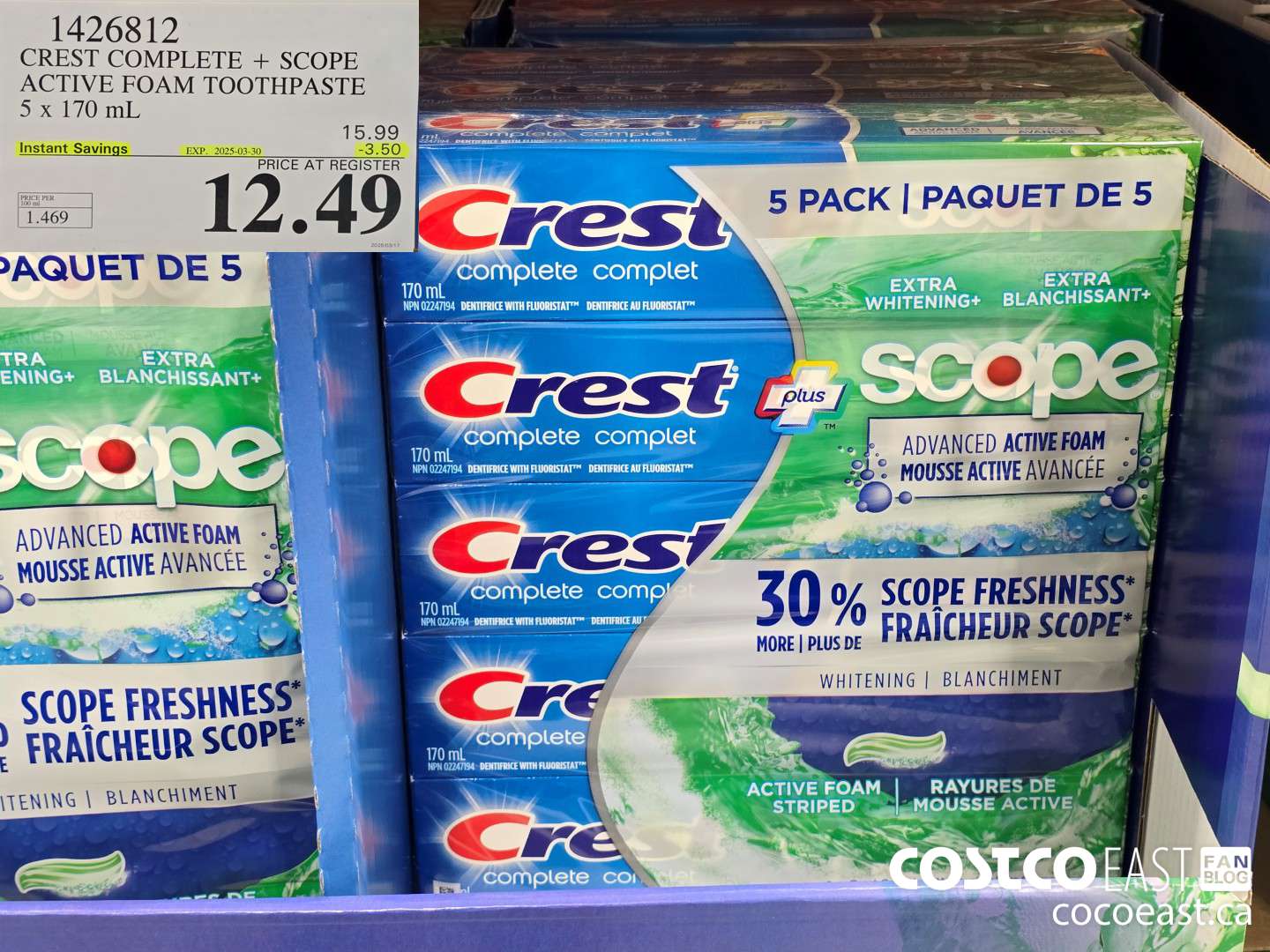 1426812 CREST COMPLETE + SCOPE ACTIVE FOAM TOOTHPASTE 5 X 170 ML ($3.50 INSTANT SAVINGS EXPIRES ON 2025-03-30) $12.49