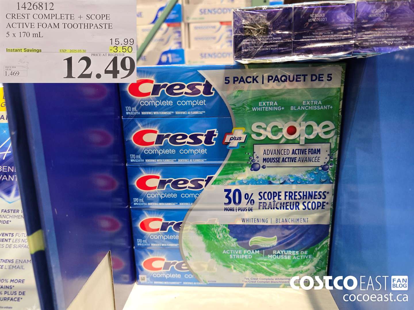 1426812 CREST COMPLETE + SCOPE ACTIVE FOAM TOOTHPASTE 5 X 170 ML ($3.50 INSTANT SAVINGS EXPIRES ON 2025-03-30) $12.49