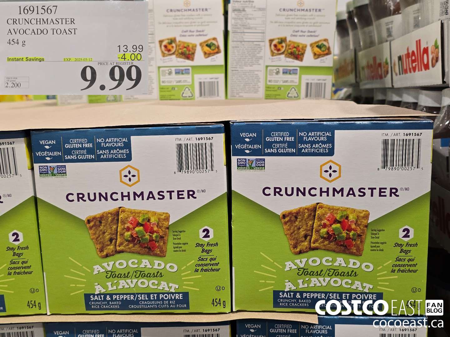 1691567 CRUNCHMASTER AVOCADO TOAST 454 G ($4.00 INSTANT SAVINGS EXPIRES ON 2025-03-09) $9.99