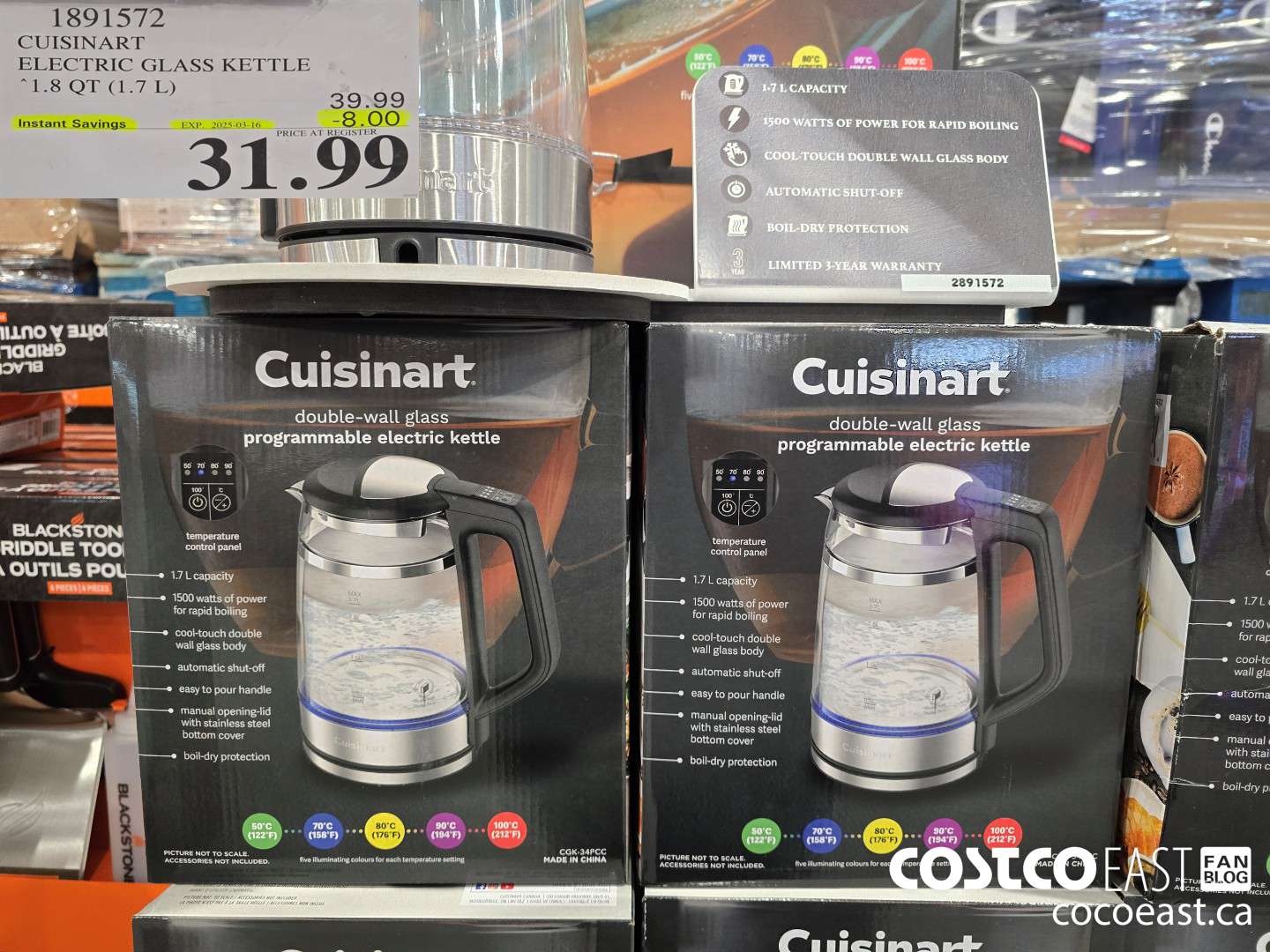 1891572 CUISINART ELECTRIC GLASS KETTLE 1.8 QT (1.7L) ($8.00 INSTANT SAVINGS EXPIRES ON 2025-03-16) $31.99