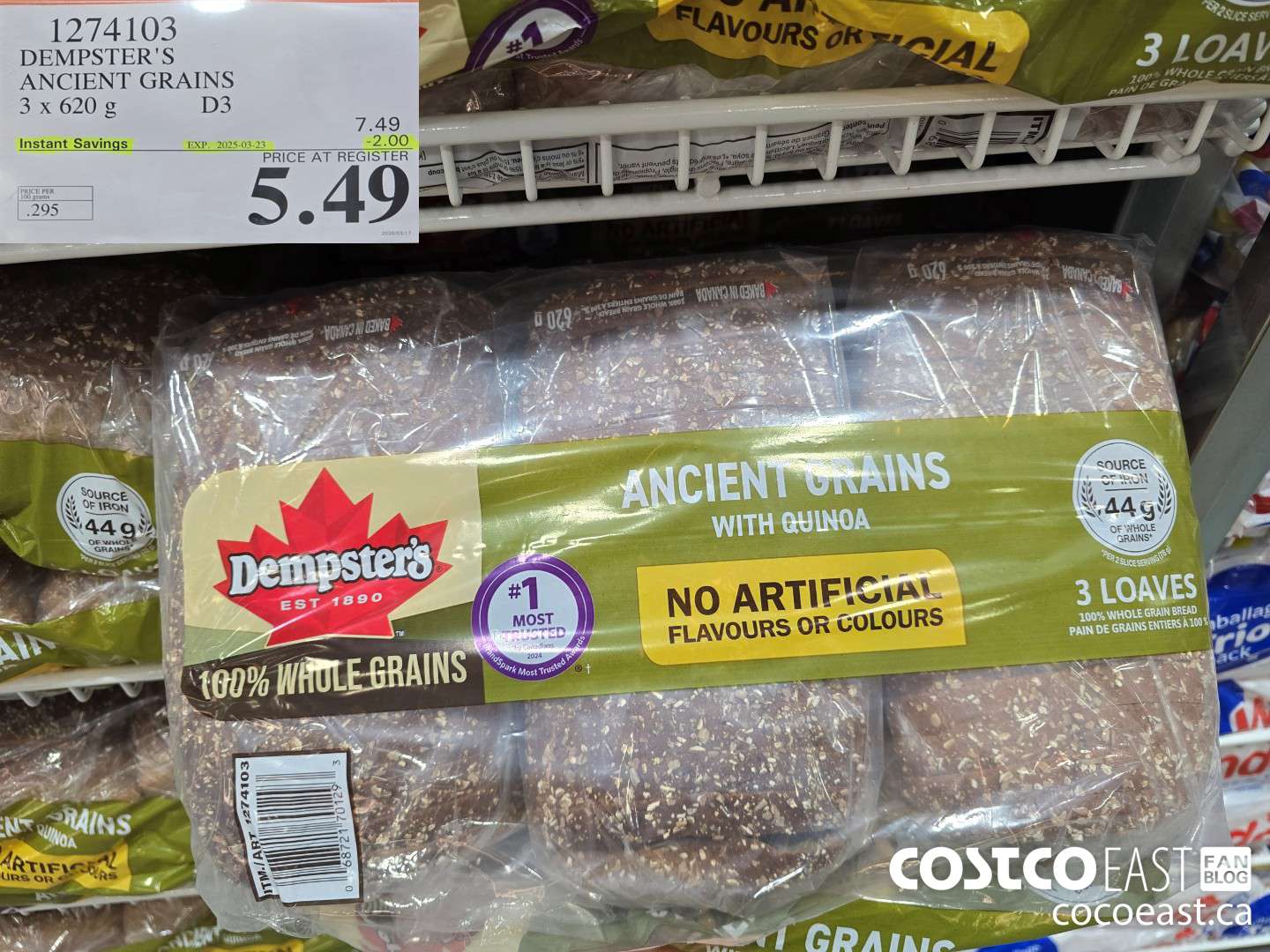 1274103 DEMPSTER'S ANCIENT GRAINS 3 X 620 G ($2.00 INSTANT SAVINGS EXPIRES ON 2025-03-23) $5.49