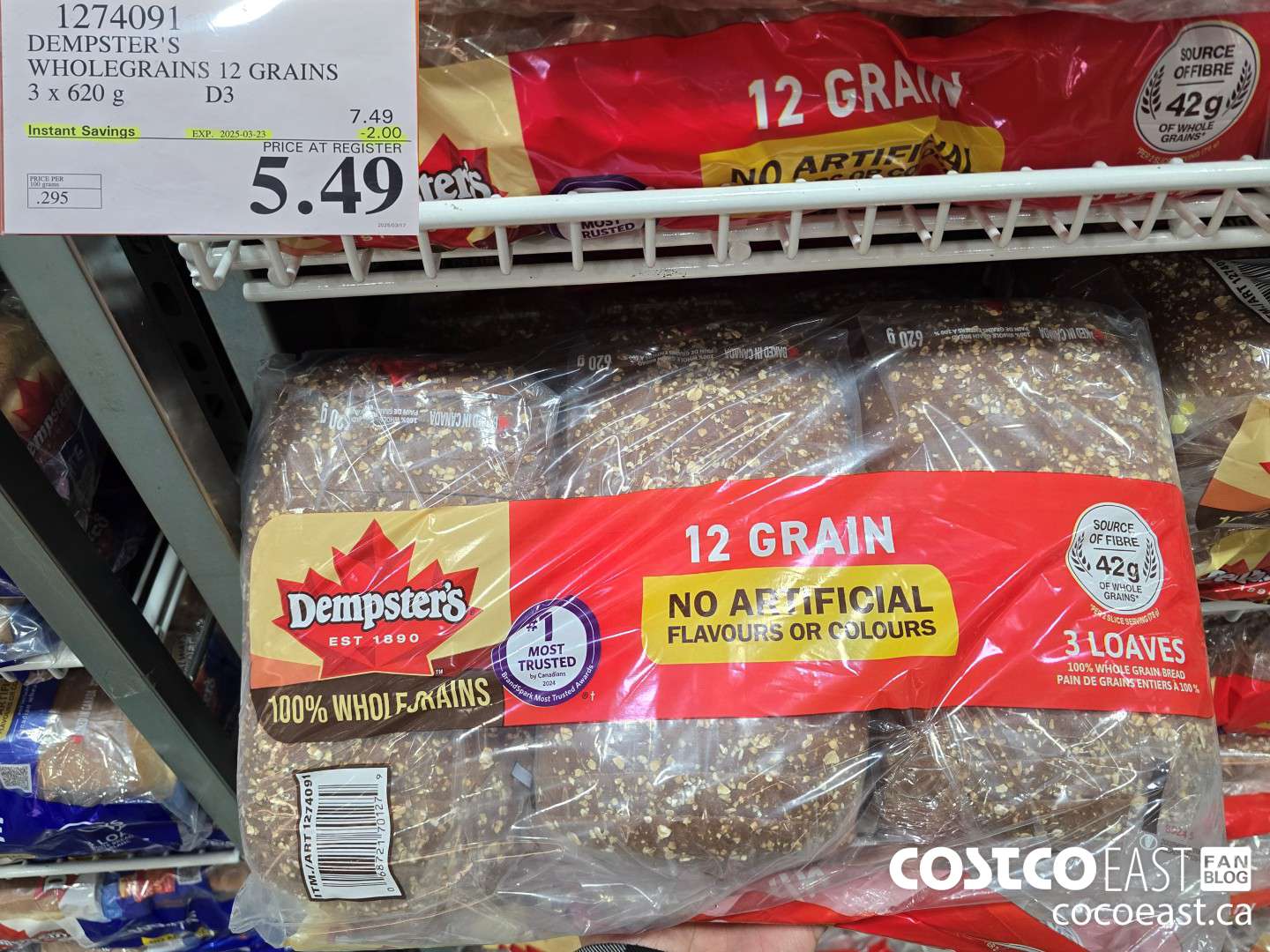 1274091 DEMPSTER'S WHOLEGRAINS 12 GRAINS 3 X 620 G ($2.00 INSTANT SAVINGS EXPIRES ON 2025-03-23) $5.49