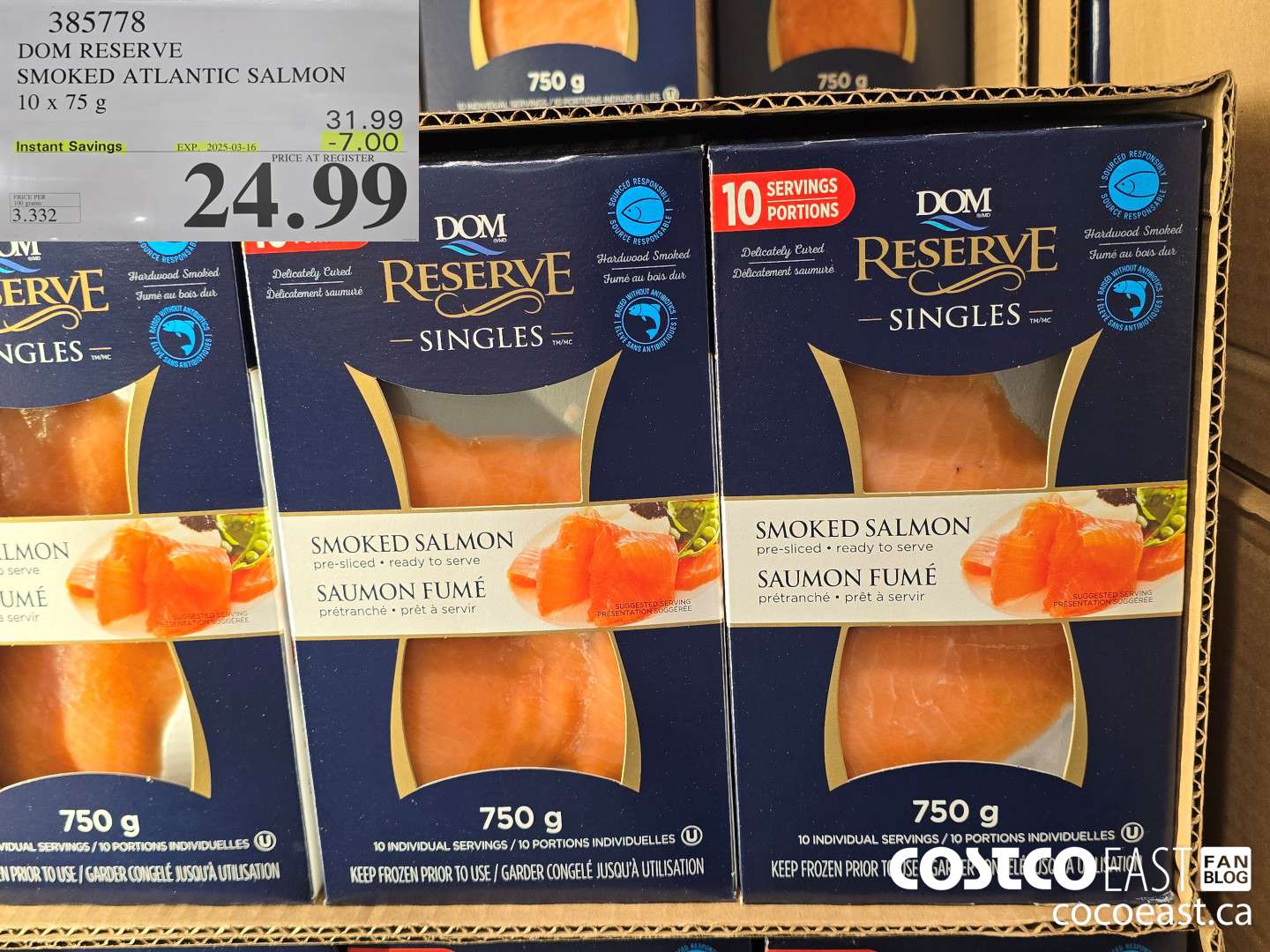 385778 DOM RESERVE SMOKED ATLANTIC SALMON 10 x 75 g ($7.00 INSTANT SAVINGS EXPIRES ON 2025-03-16) $24.99
