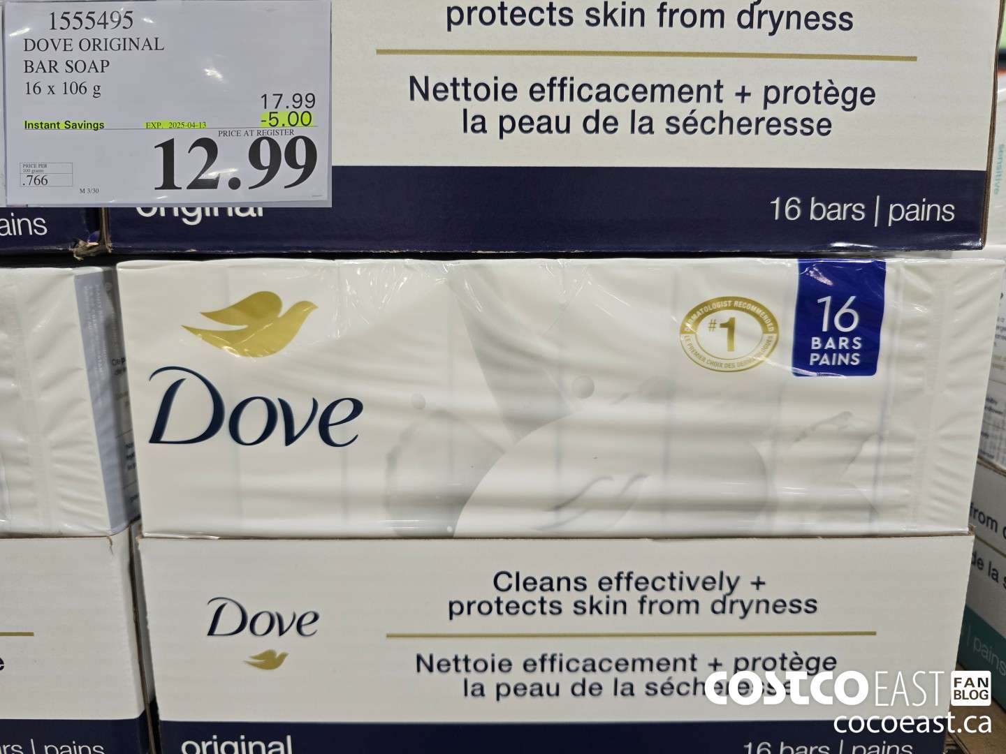 1555495 DOVE BAR SOAP ORIGINAL 16 x 106 g ($5.00 INSTANT SAVINGS EXPIRES ON 2025-04-13) $12.99