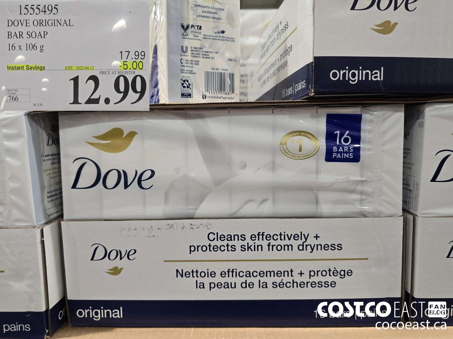 1555495 DOVE BAR SOAP ORIGINAL 16 x 106 g ($5.00 INSTANT SAVINGS EXPIRES ON 2025-04-13) $12.99