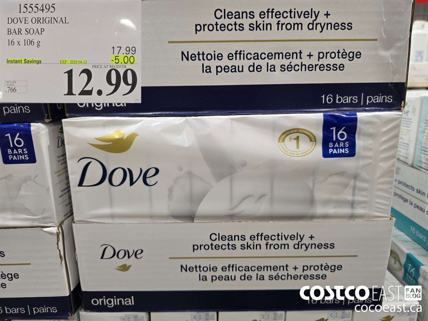 1555495 DOVE BAR SOAP ORIGINAL 16 x 106 g ($5.00 INSTANT SAVINGS EXPIRES ON 2025-04-13) $12.99