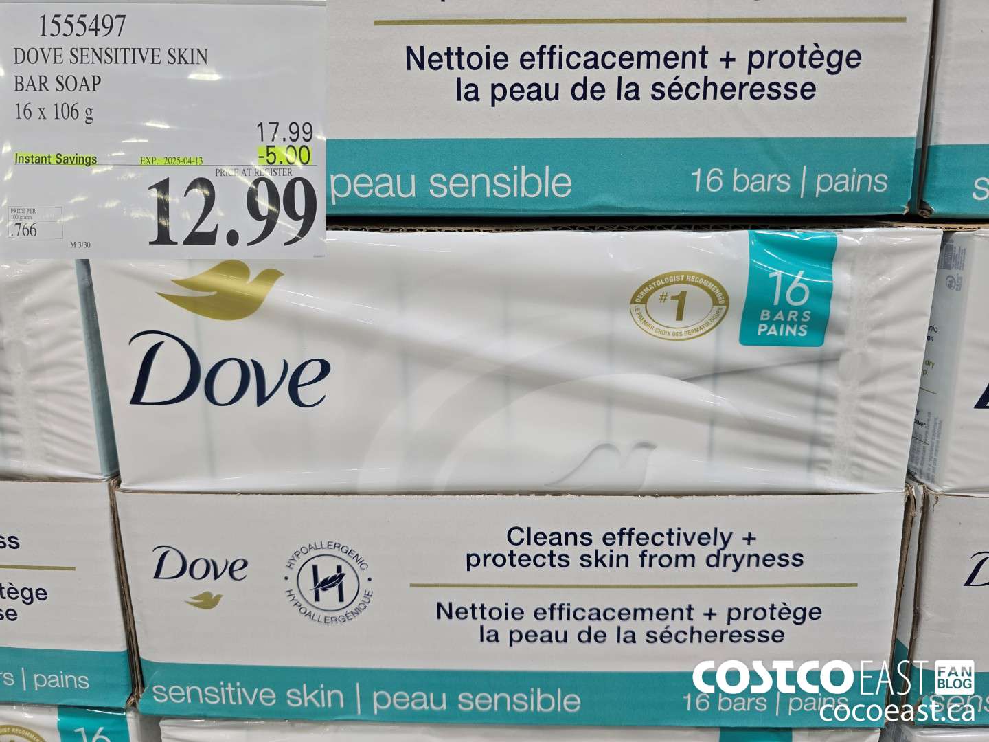 1555497 DOVE BAR SOAP SENSITIVE 16 x 106 g ($5.00 INSTANT SAVINGS EXPIRES ON 2025-04-13) $12.99