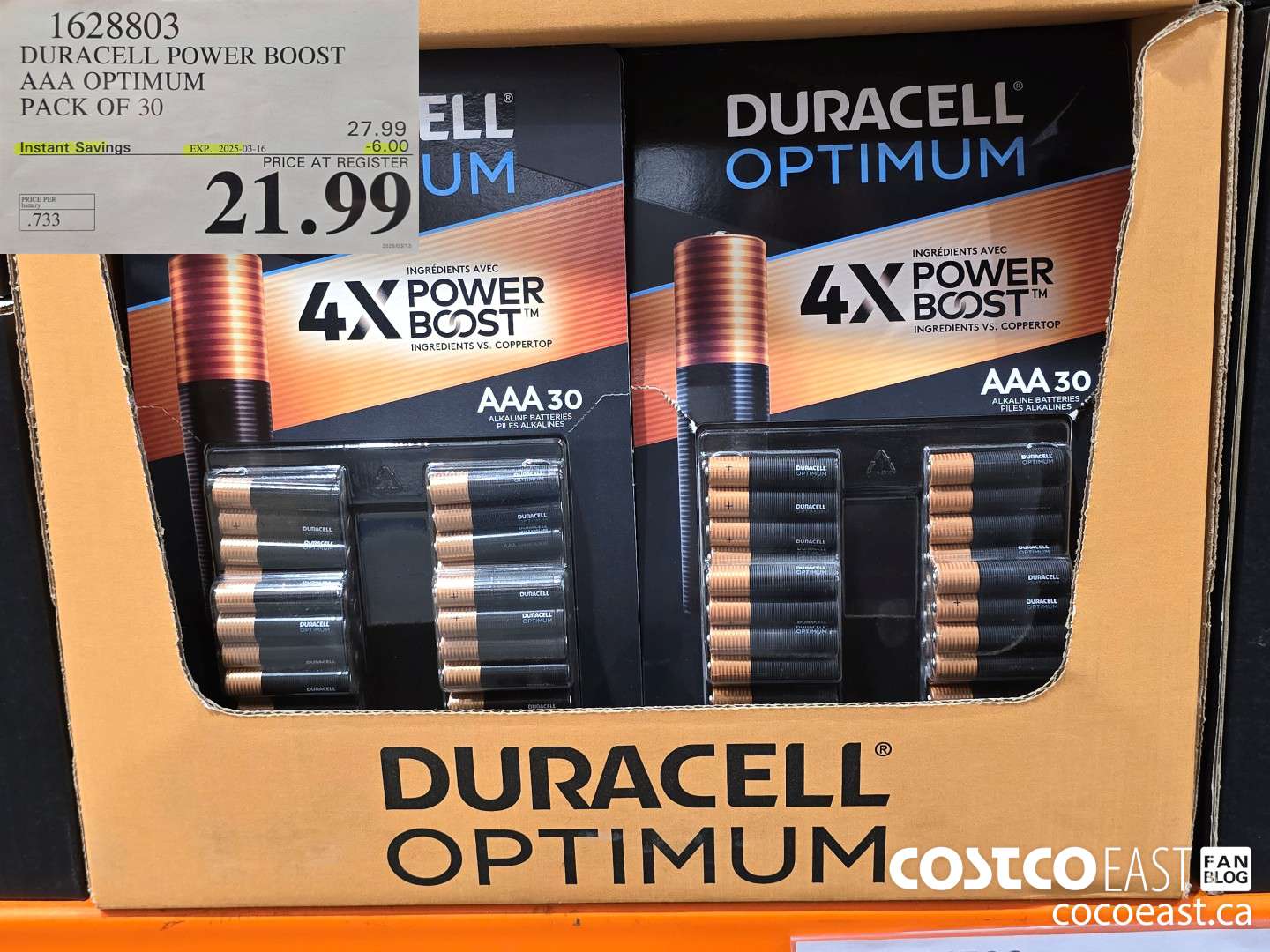 1628803 DURACELL POWER BOOST AAA OPTIMUM PACK OF 30 ($6.00 INSTANT SAVINGS EXPIRES ON 2025-03-16) $21.99