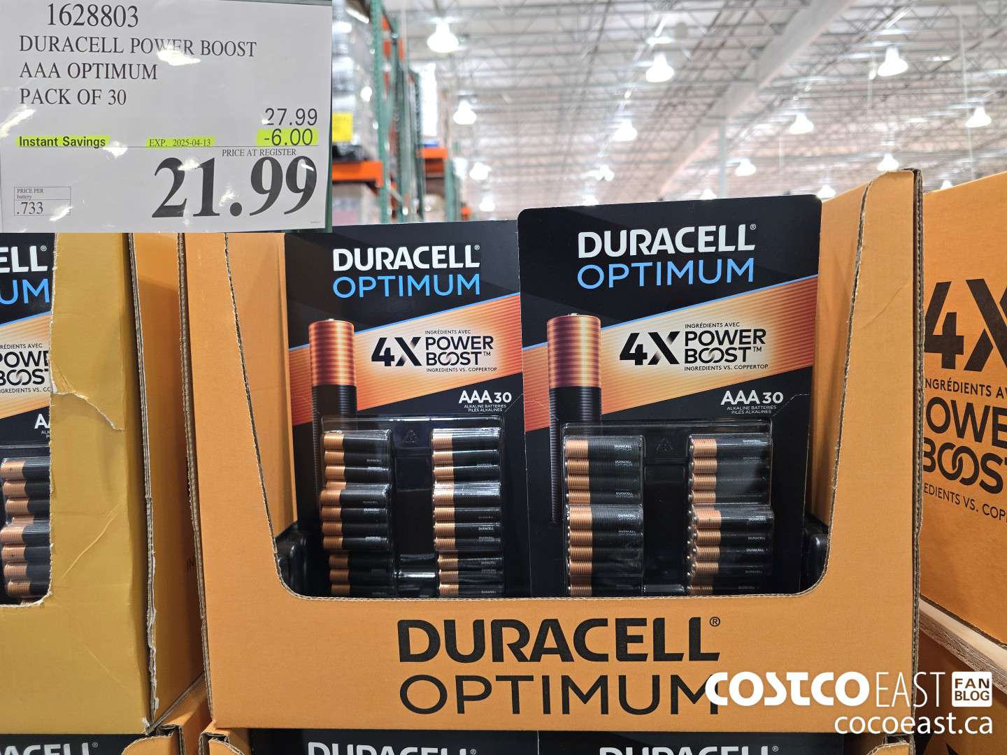 1628803 DURACELL POWER BOOST AAA OPTIMUM PACK OF 30 ($6.00 INSTANT SAVINGS EXPIRES ON 2025-04-13) $21.99