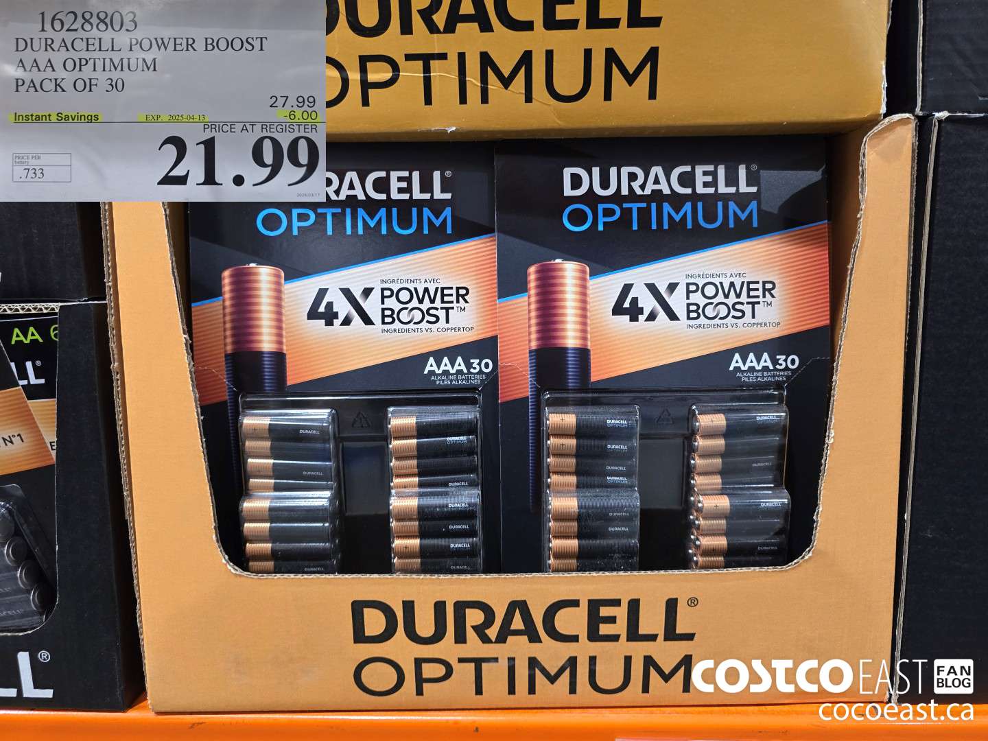 1628803 DURACELL POWER BOOST AAA OPTIMUM PACK OF 30 ($6.00 INSTANT SAVINGS EXPIRES ON 2025-04-13) $21.99
