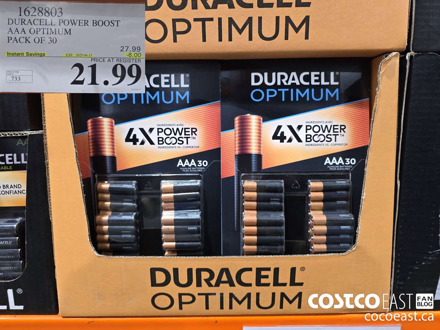 1628803 DURACELL POWER BOOST AAA OPTIMUM PACK OF 30 ($6.00 INSTANT SAVINGS EXPIRES ON 2025-04-13) $21.99